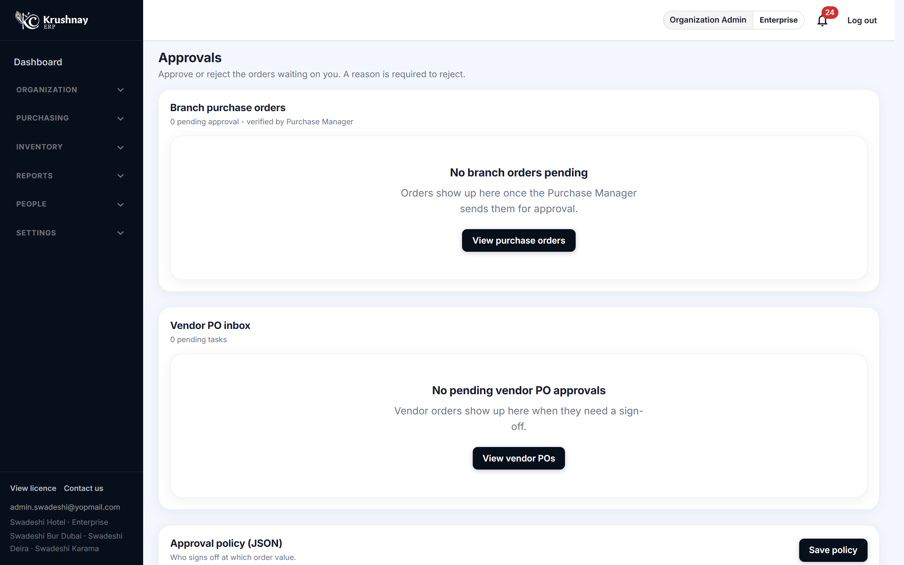 Approval inbox listing purchase orders awaiting a decision, with vendor and value