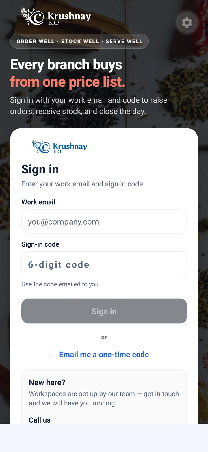 The Krushnay ERP sign-in screen on a phone