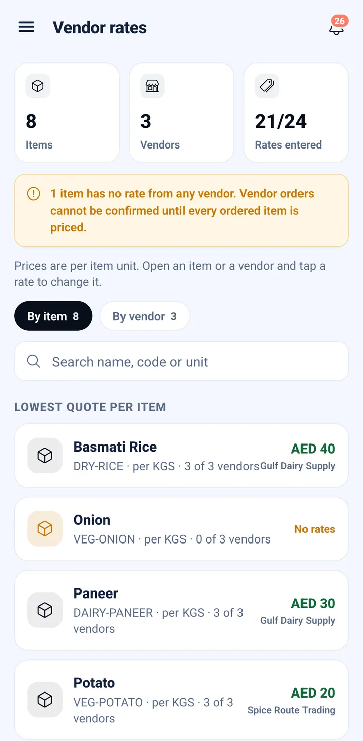 Vendor rates per item and per site, on a phone