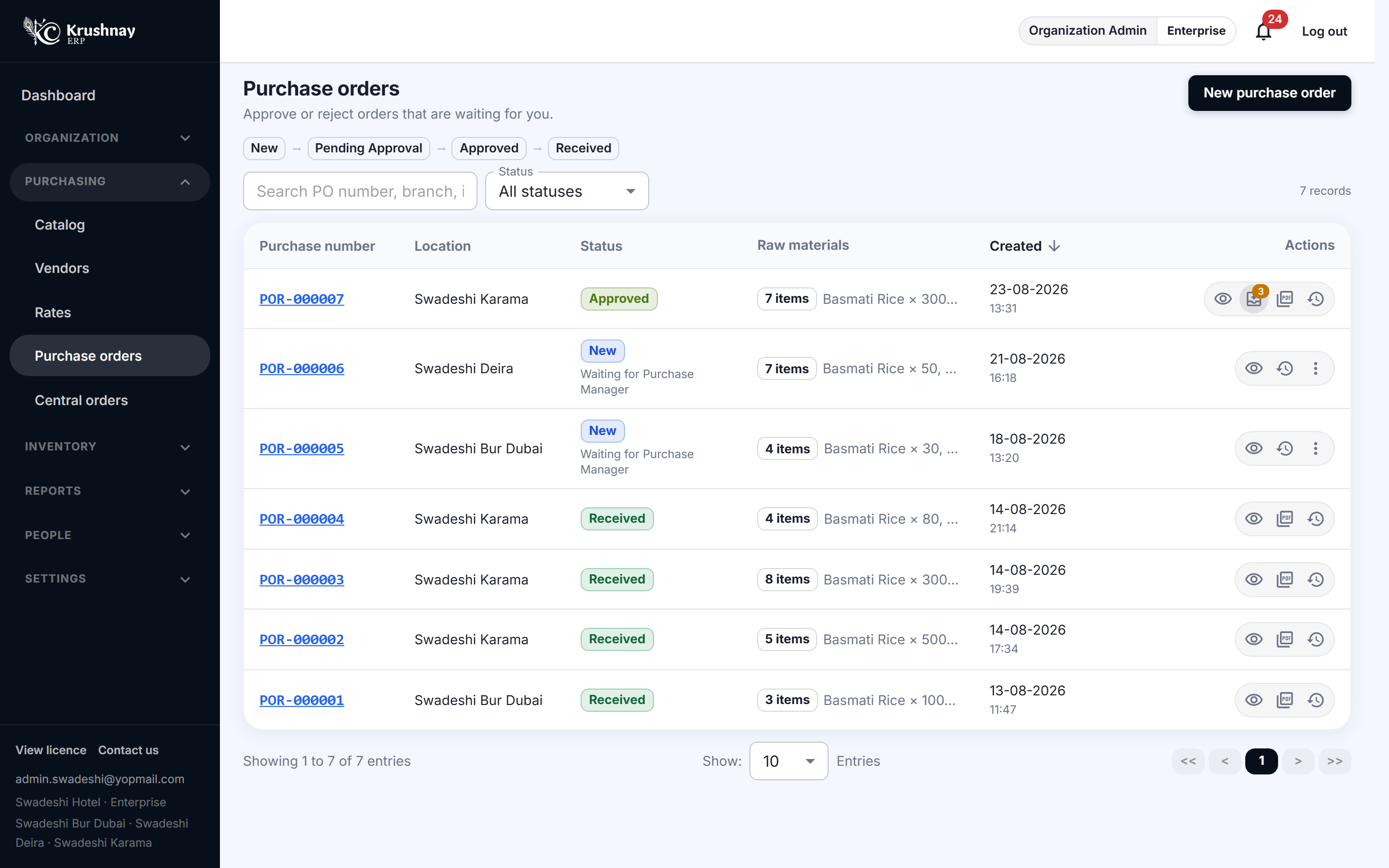 Purchase order screen comparing vendor rates line by line before approval