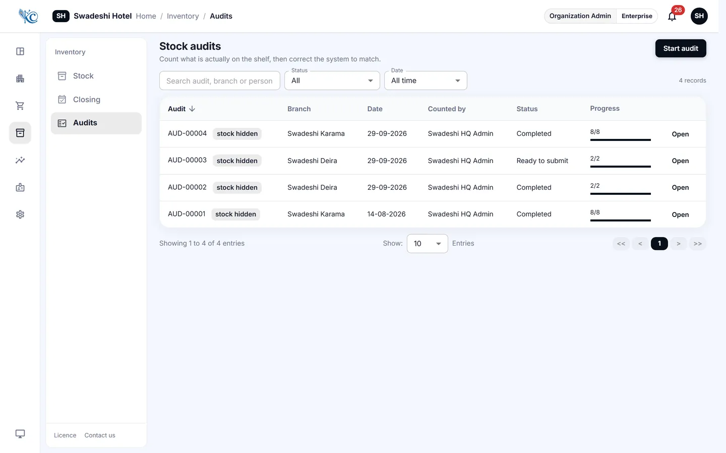 Stock count screen showing counted quantity against expected balance and the variance